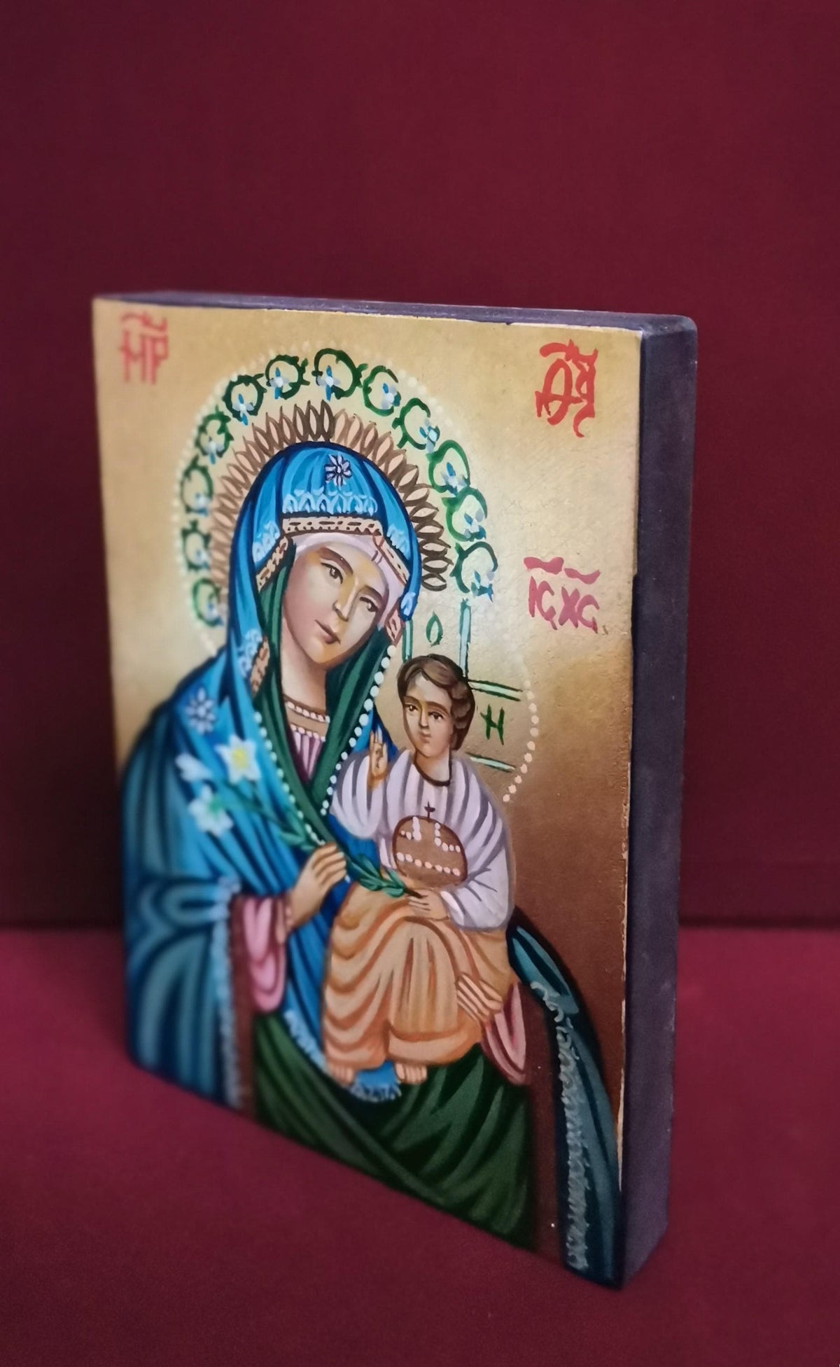 Madonna del Giglio con Gesù Bambino – Icona Sacra Dipinta a Mano