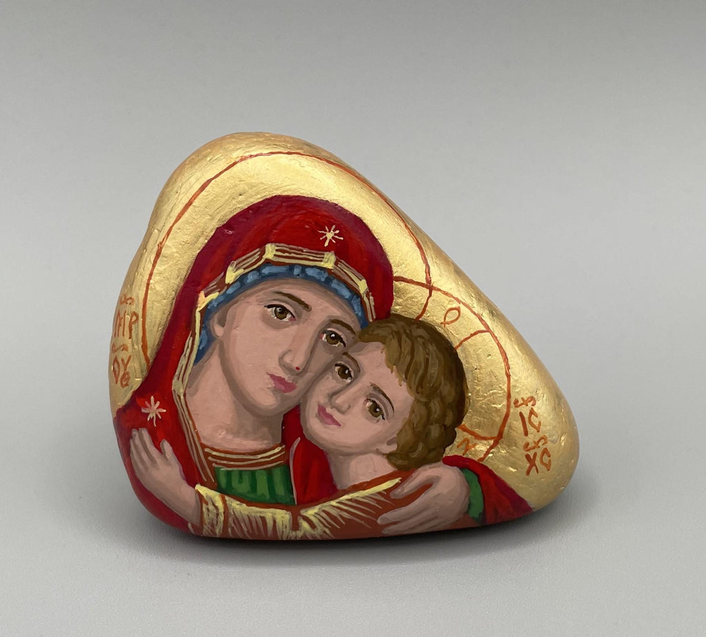 Icône sur pierre naturelle – Vierge à l'Enfant, peinte à la main