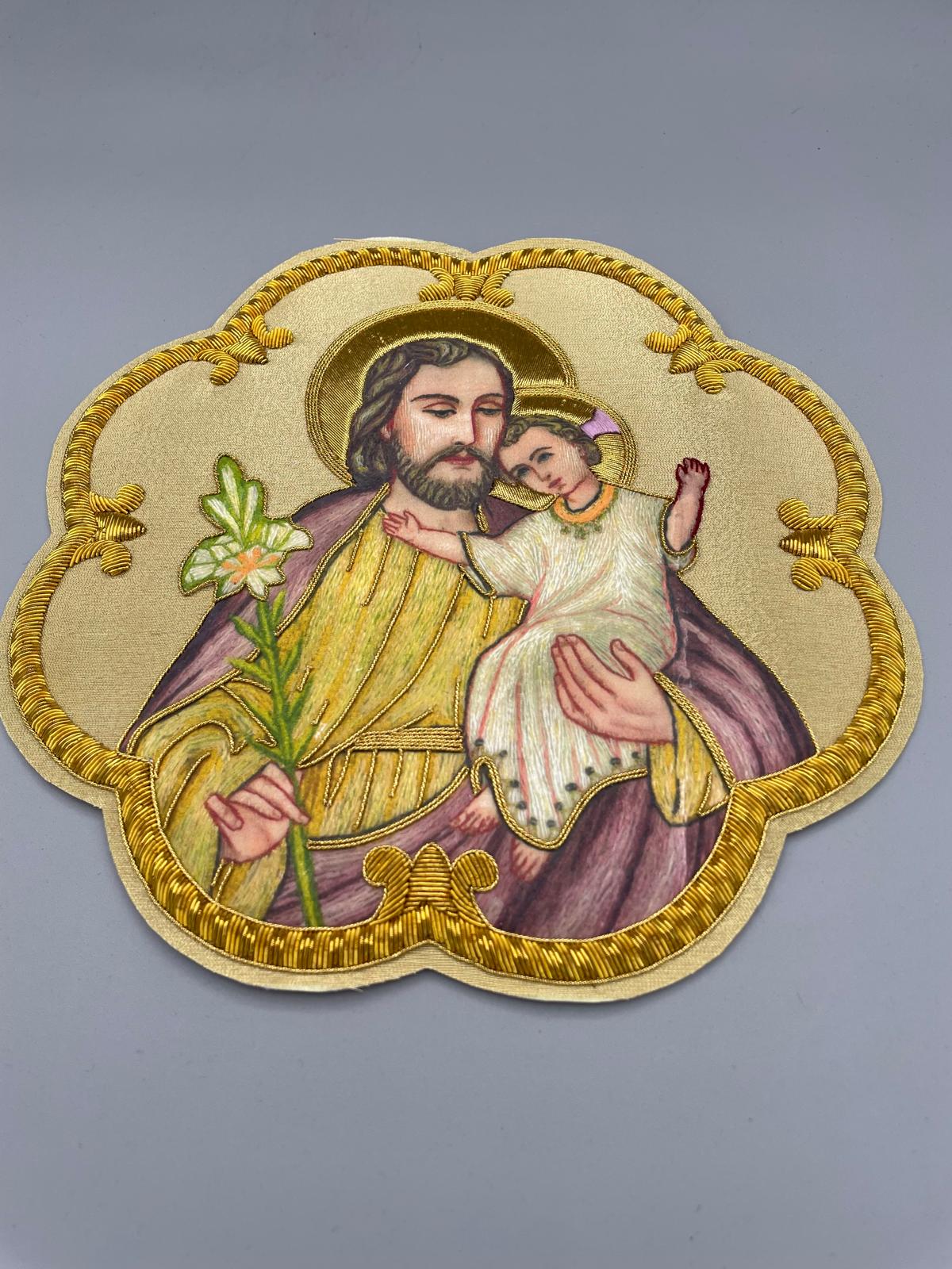 Icona San Giuseppe e Gesù Bambino con Giglio Ricamata in Filo Oro 21x21 cm