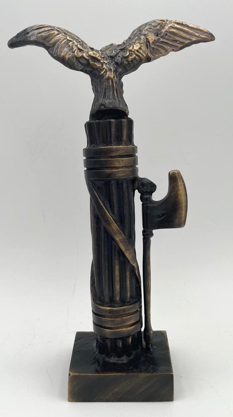Bronze-Effect Metal Sculpture – Eagle on Stylized Fasces with Axe, 20 cm