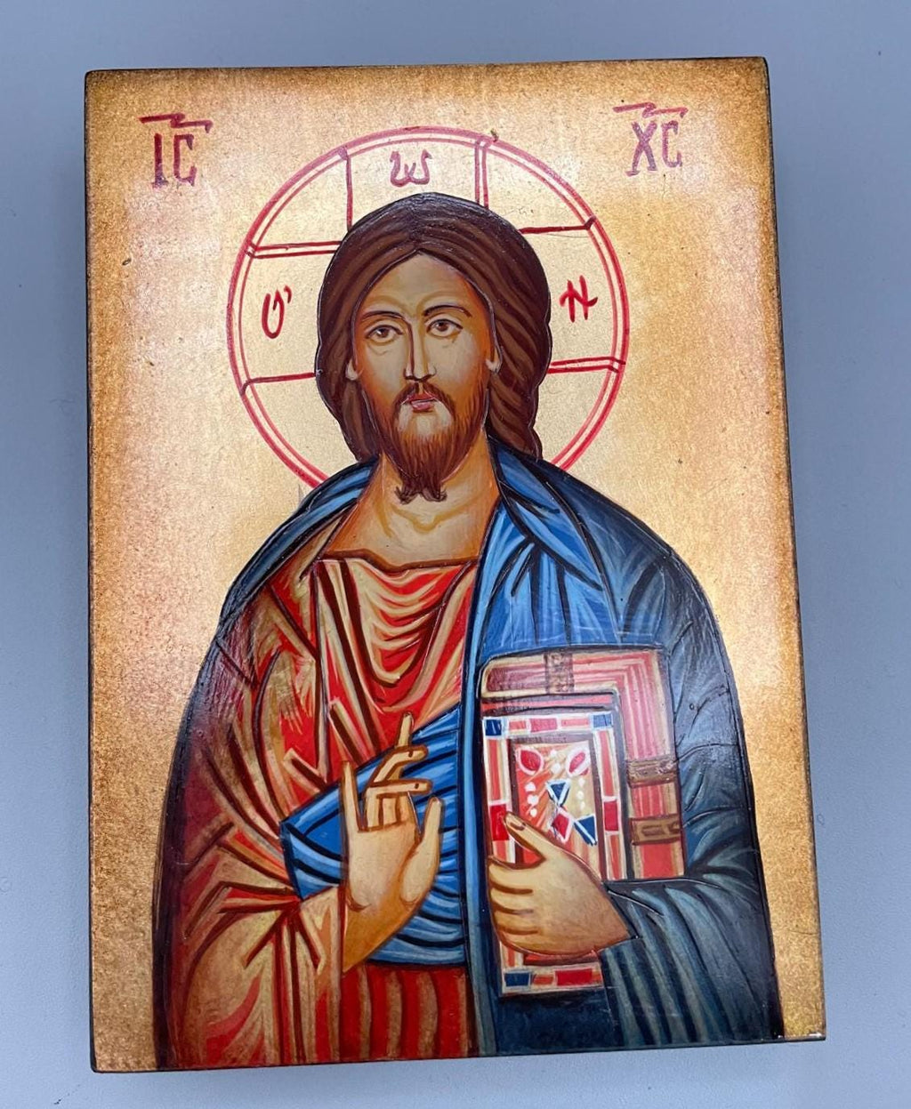 Heiligenikone Jesus Pantokrator mit Buch 10x14 cm – Handgemalt