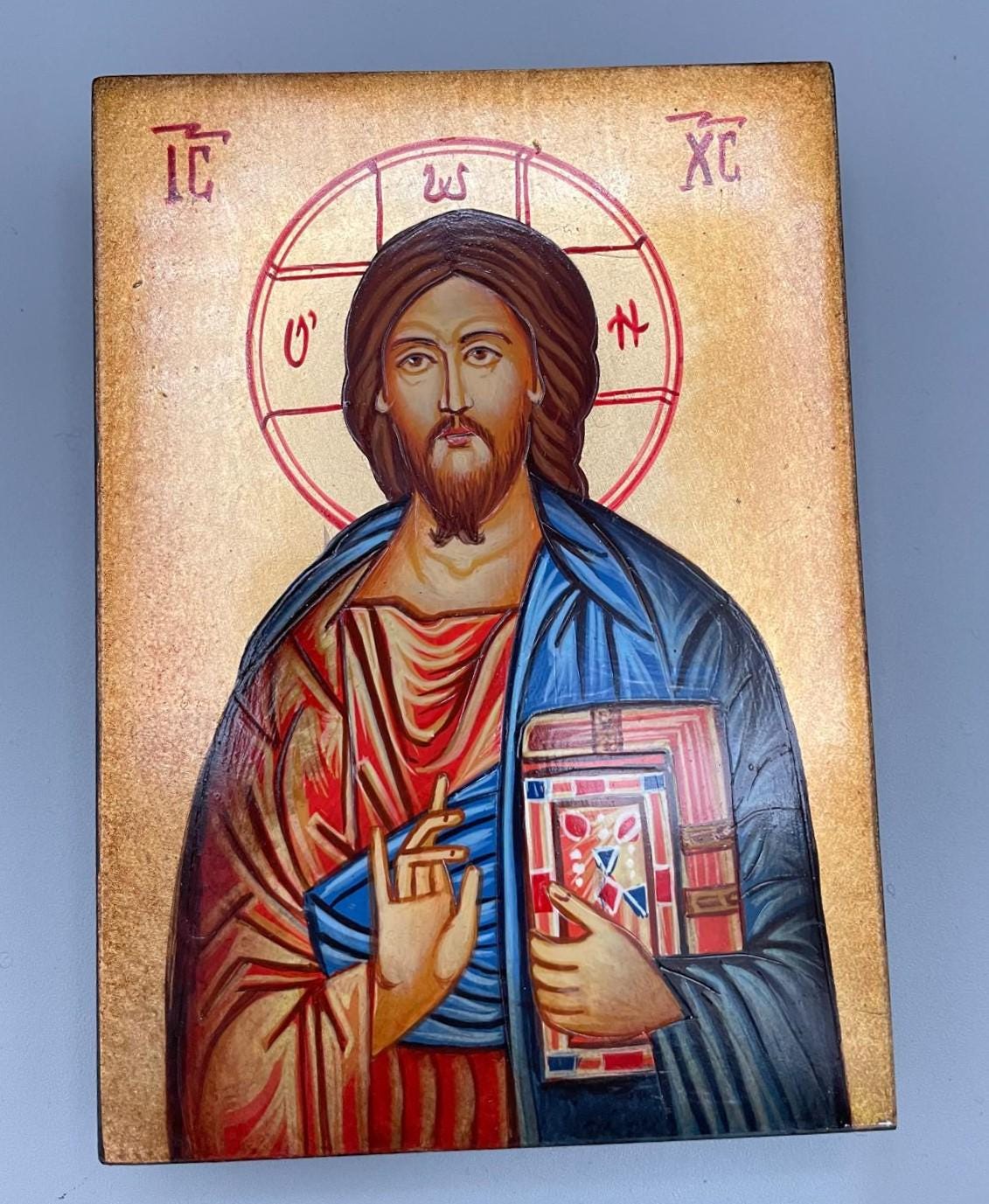 Heiligenikone Jesus Pantokrator mit Buch 10x14 cm – Handgemalt
