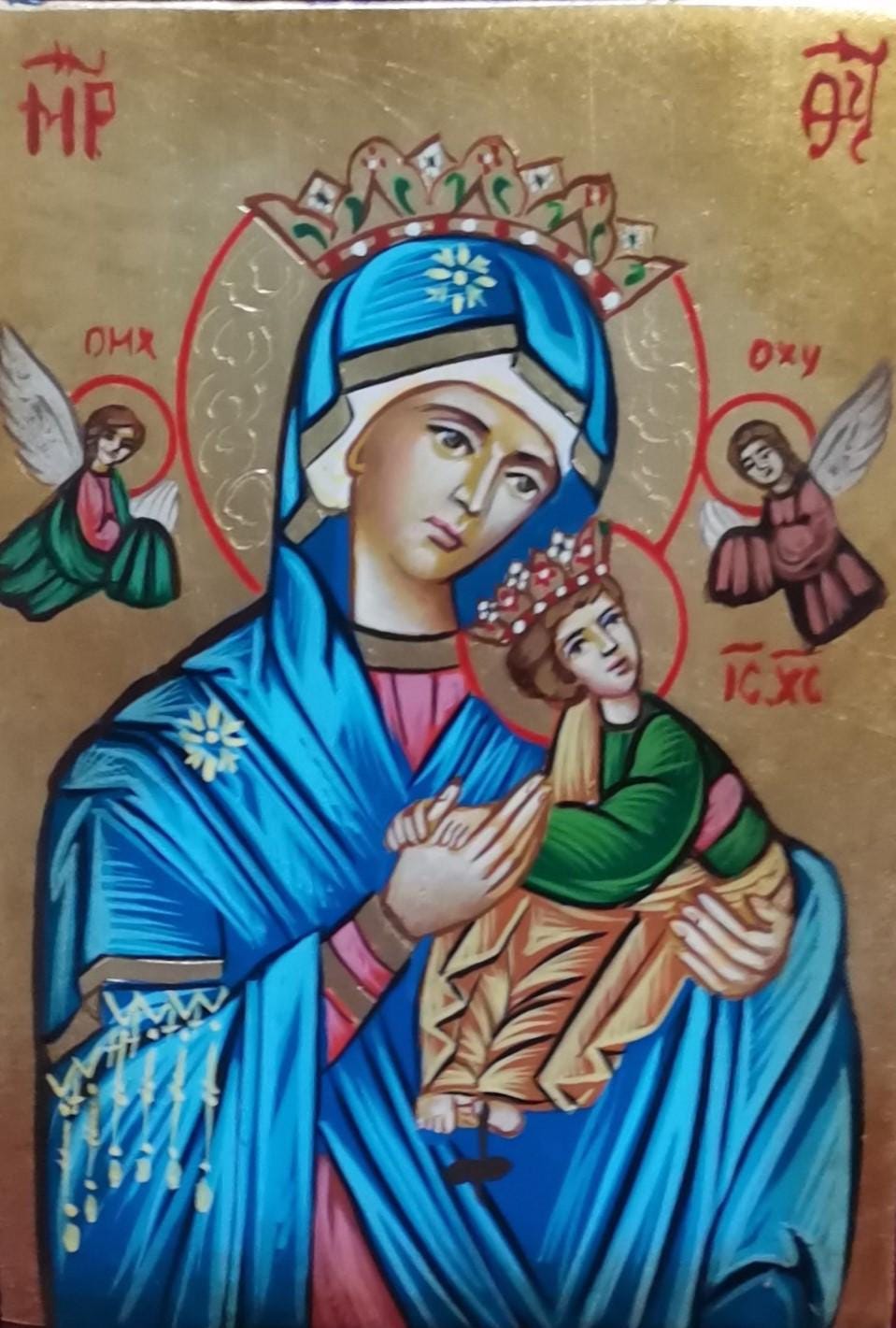 Icona Sacra Madonna del Soccorso con Corona 10x14 cm – Dipinta a Mano