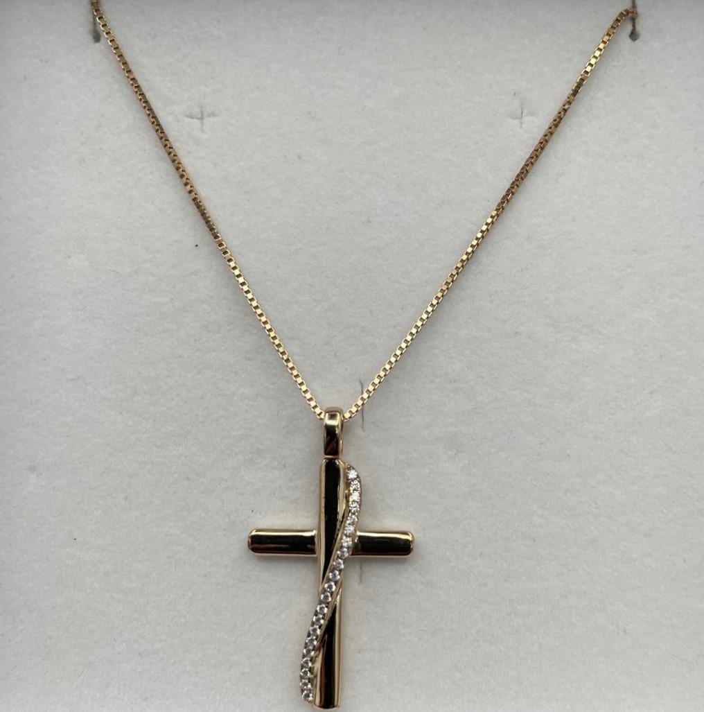 Collana in argento 925 placcato oro con croce e diamantini