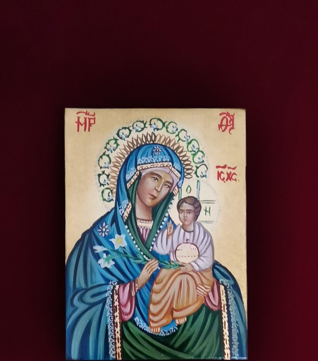 Madonna del Giglio con Gesù Bambino – Icona Sacra Dipinta a Mano