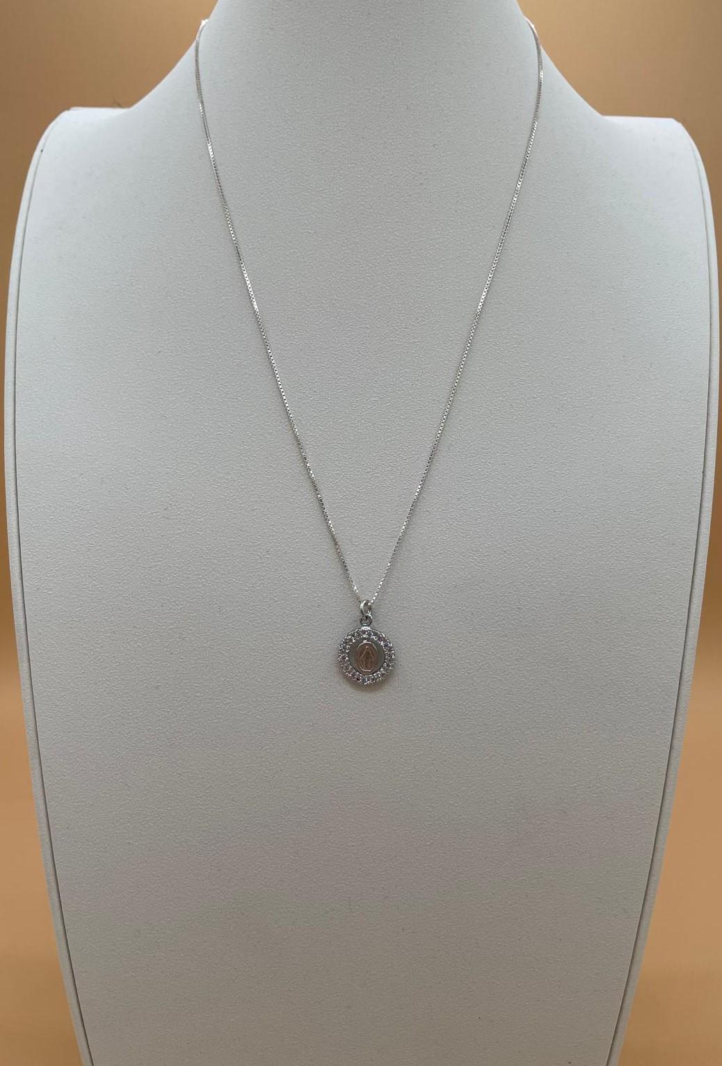 Collana Medaglia Miracolosa con zirconi e catenina in argento 925 – 50 cm