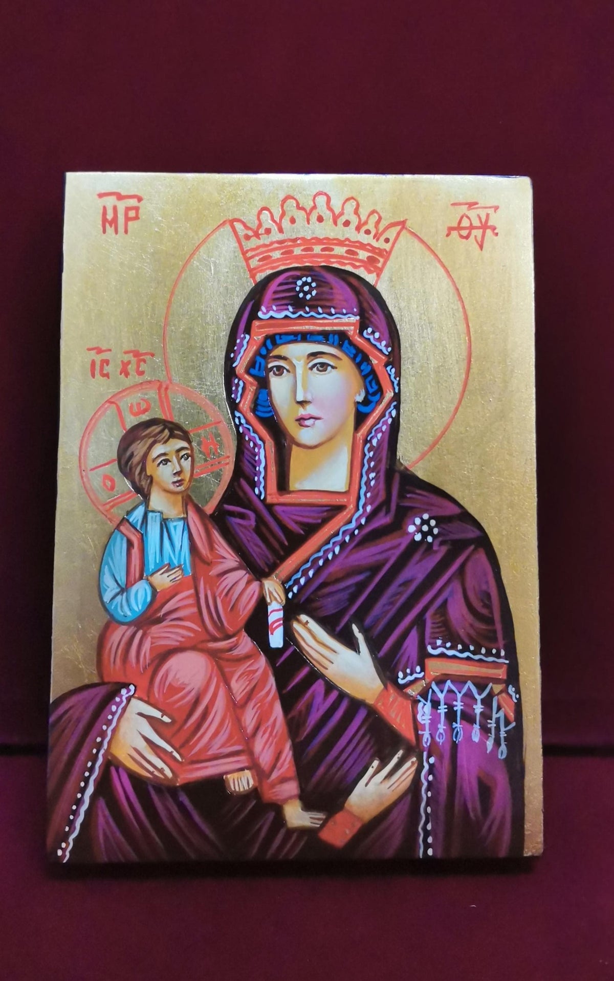 Madonna a Tre Mani con Gesù Bambino – Icona Sacra Dipinta a Mano