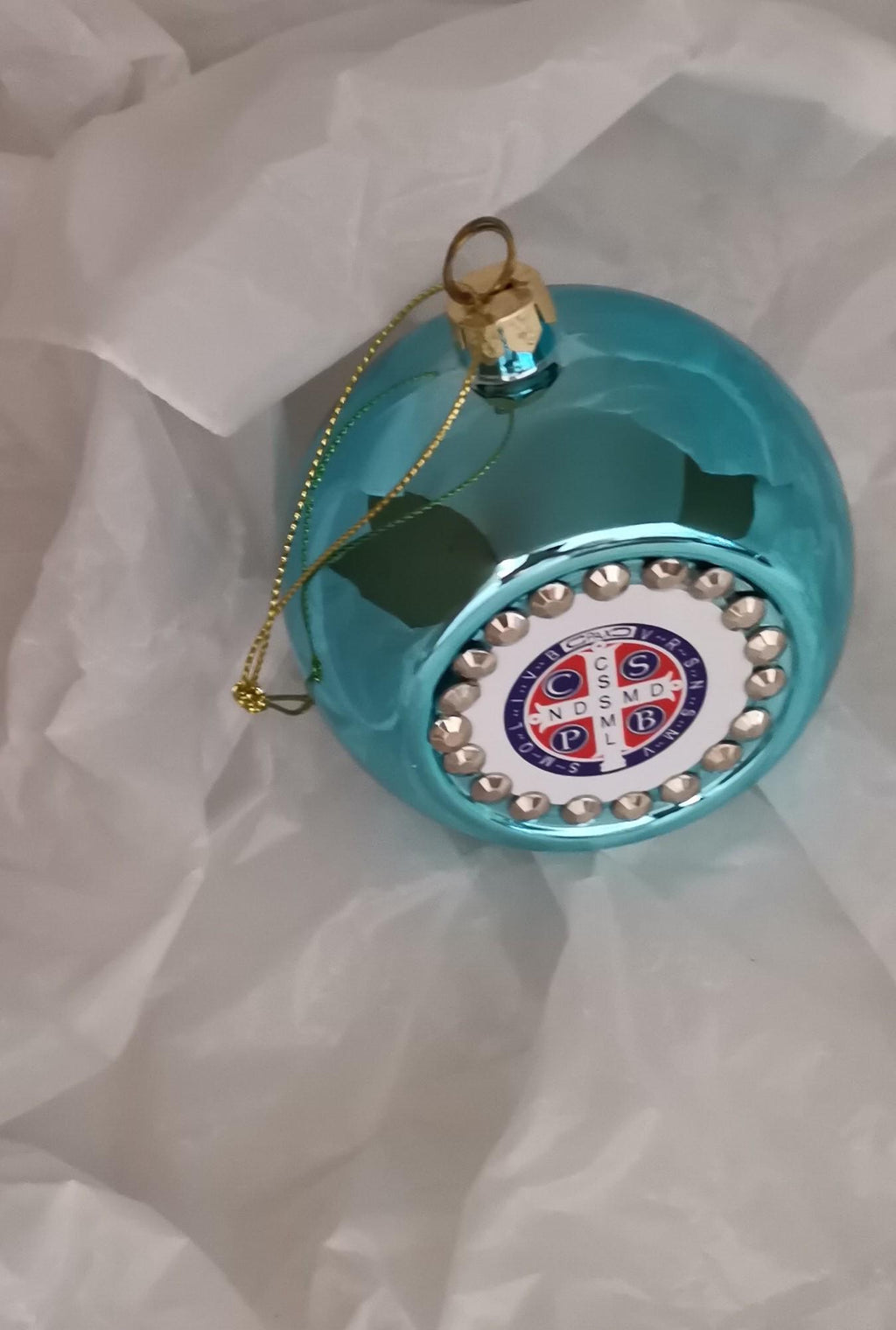 Pallina di Natale Blu Tiffany con Medaglia di San Benedetto
