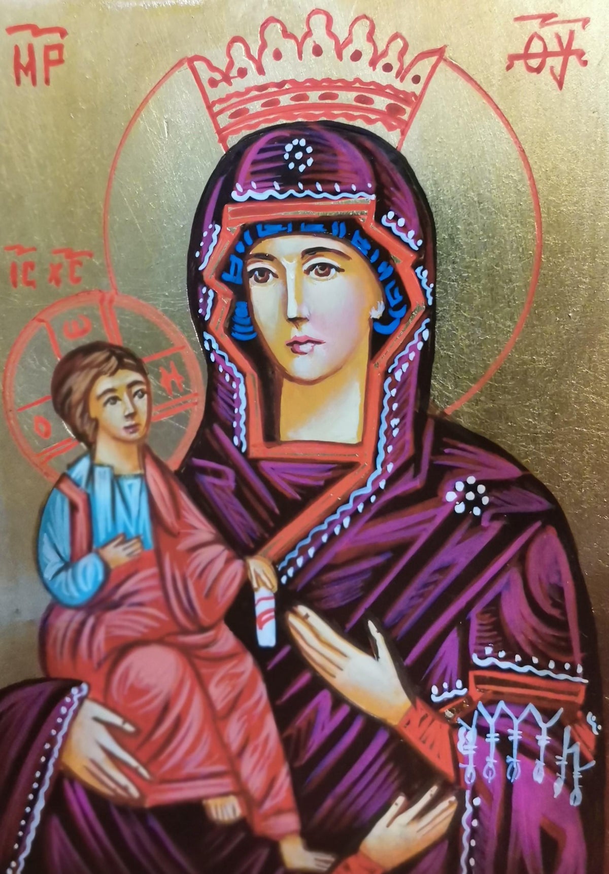 Madonna a Tre Mani con Gesù Bambino – Icona Sacra Dipinta a Mano