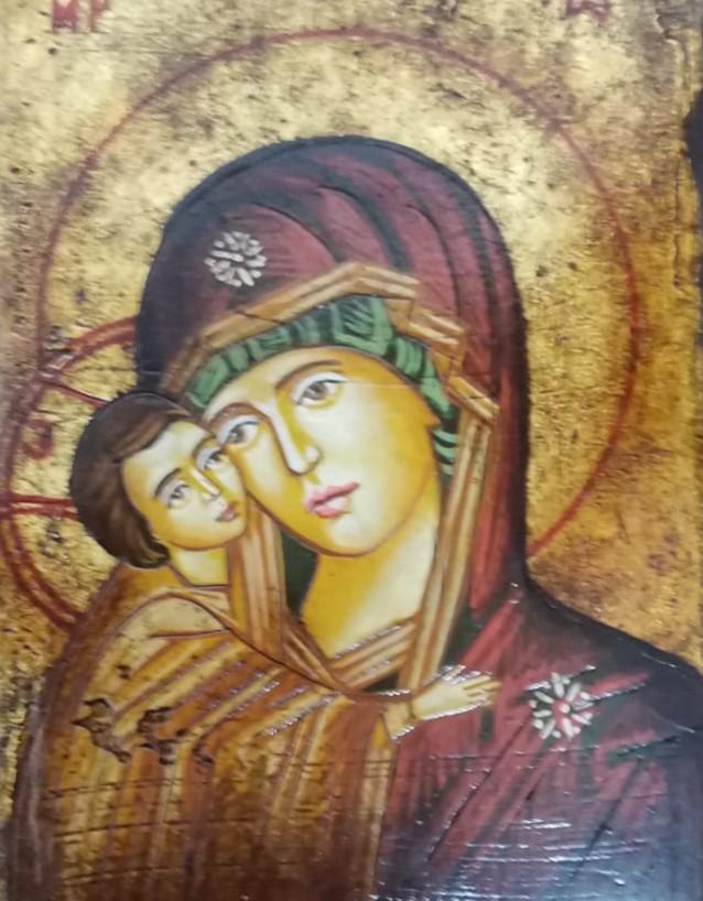 Icona Sacra Madonna della Tenerezza Anticata 18x24 cm – Dipinta a Mano