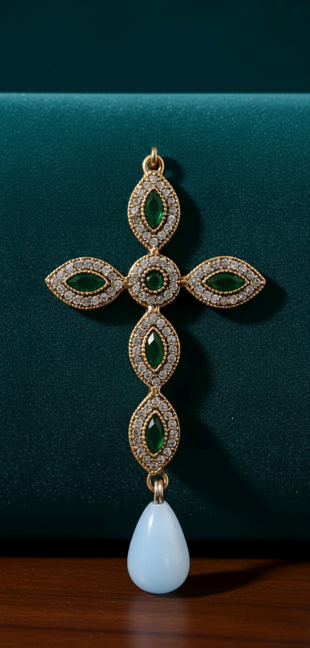 925 gold-plated silver cross with cubic zirconia and a teardrop-shaped light blue stone