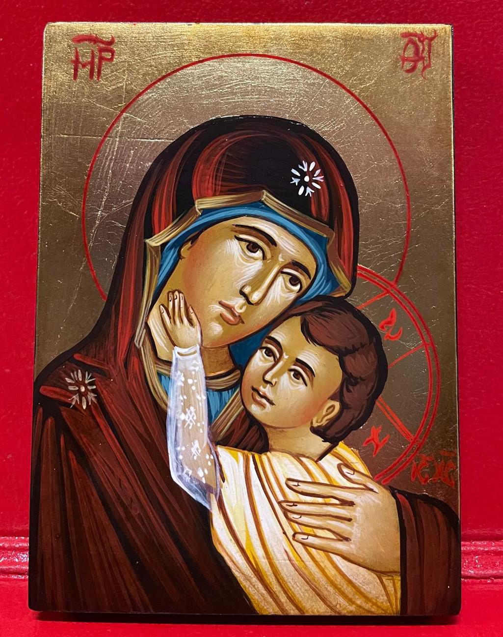 Icona sacra Madonna della Carezza dipinta a mano su legno – 10 x 14 cm