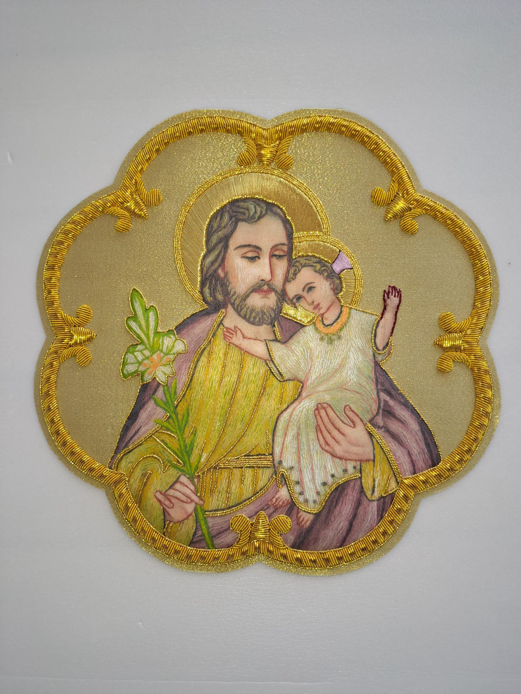 Icona San Giuseppe e Gesù Bambino con Giglio Ricamata in Filo Oro 21x21 cm