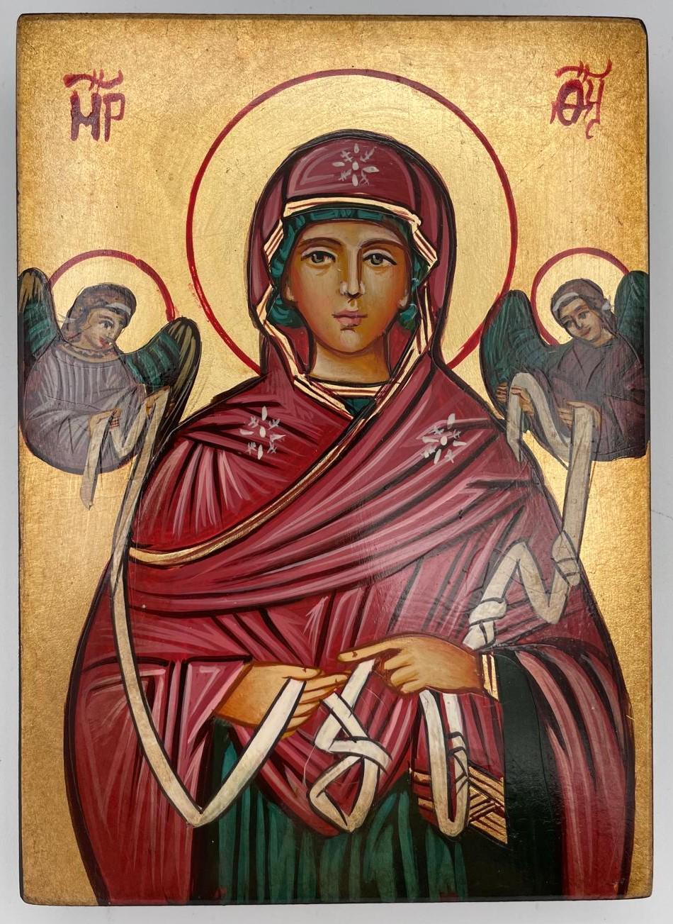 Icona Sacra Madonna che scioglie i nodi dipinta a mano su tavola di legno