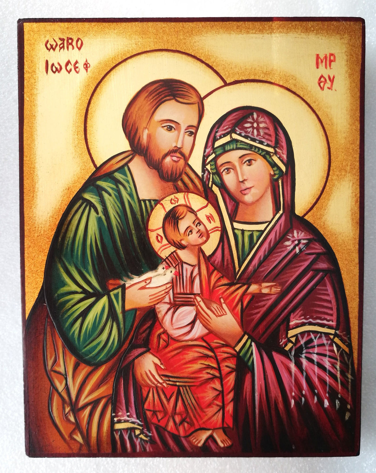 Icona Sacra Famiglia con Colombe 14x18 cm – Dipinta a Mano su Legno