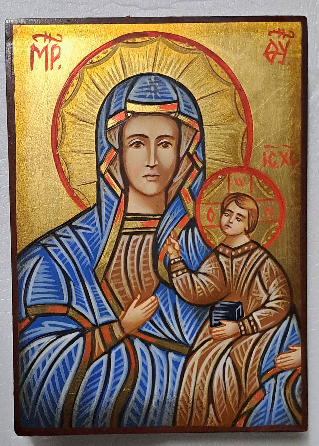 Icona sacra Madonna Odigitria con Bambino, bizantina dipinta a mano su legno – 10 x 14 cm