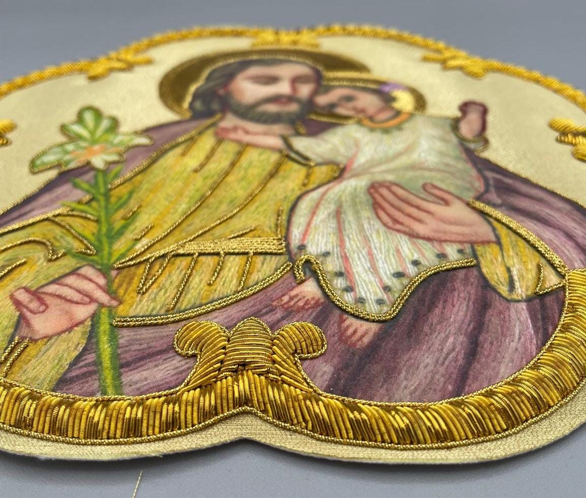 Icona San Giuseppe e Gesù Bambino con Giglio Ricamata in Filo Oro 21x21 cm