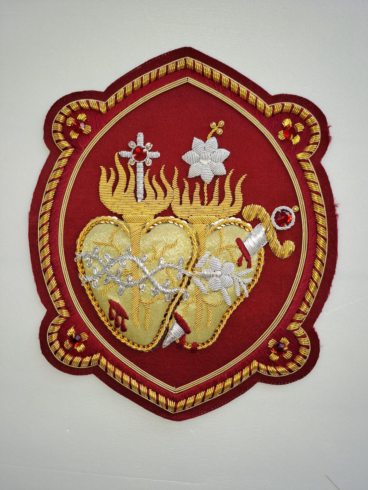 Icona Sacro Cuore di Gesù e Sacro Cuore di Maria Ricamata in Filo Oro 18x18 cm