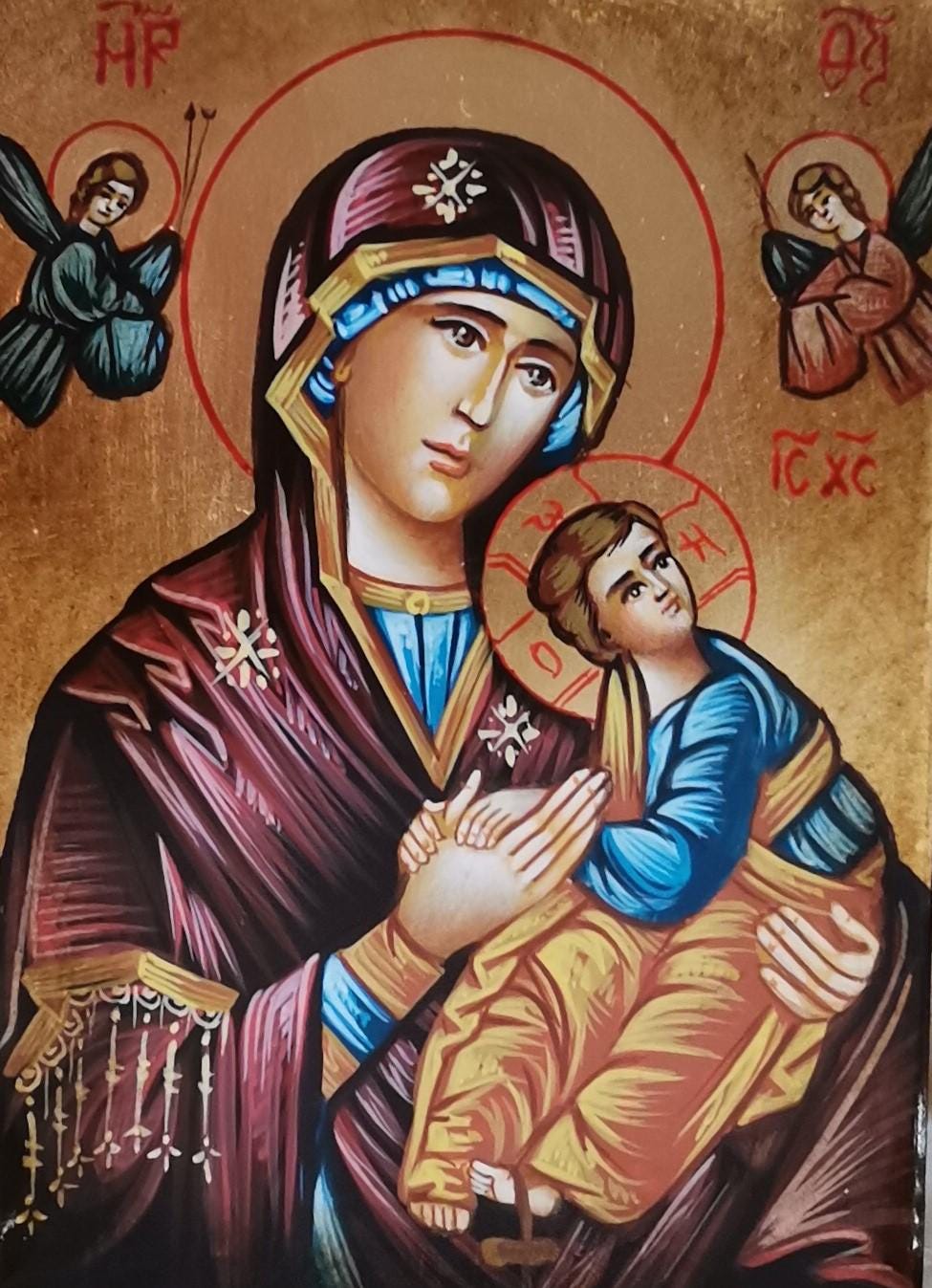 Icona Sacra Madonna con Bambino 10x14 cm – Dipinta a Mano, Foglia Oro