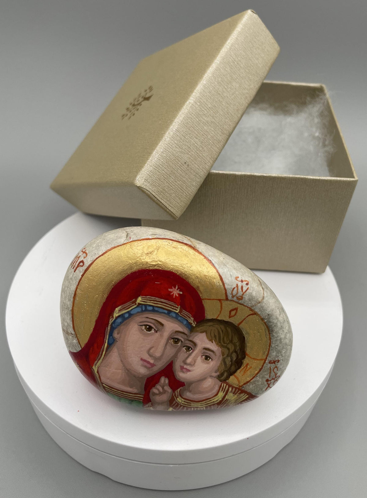 Icon of Madonna and Child on Natural Stone – Byzantine Style, Hand-Painted