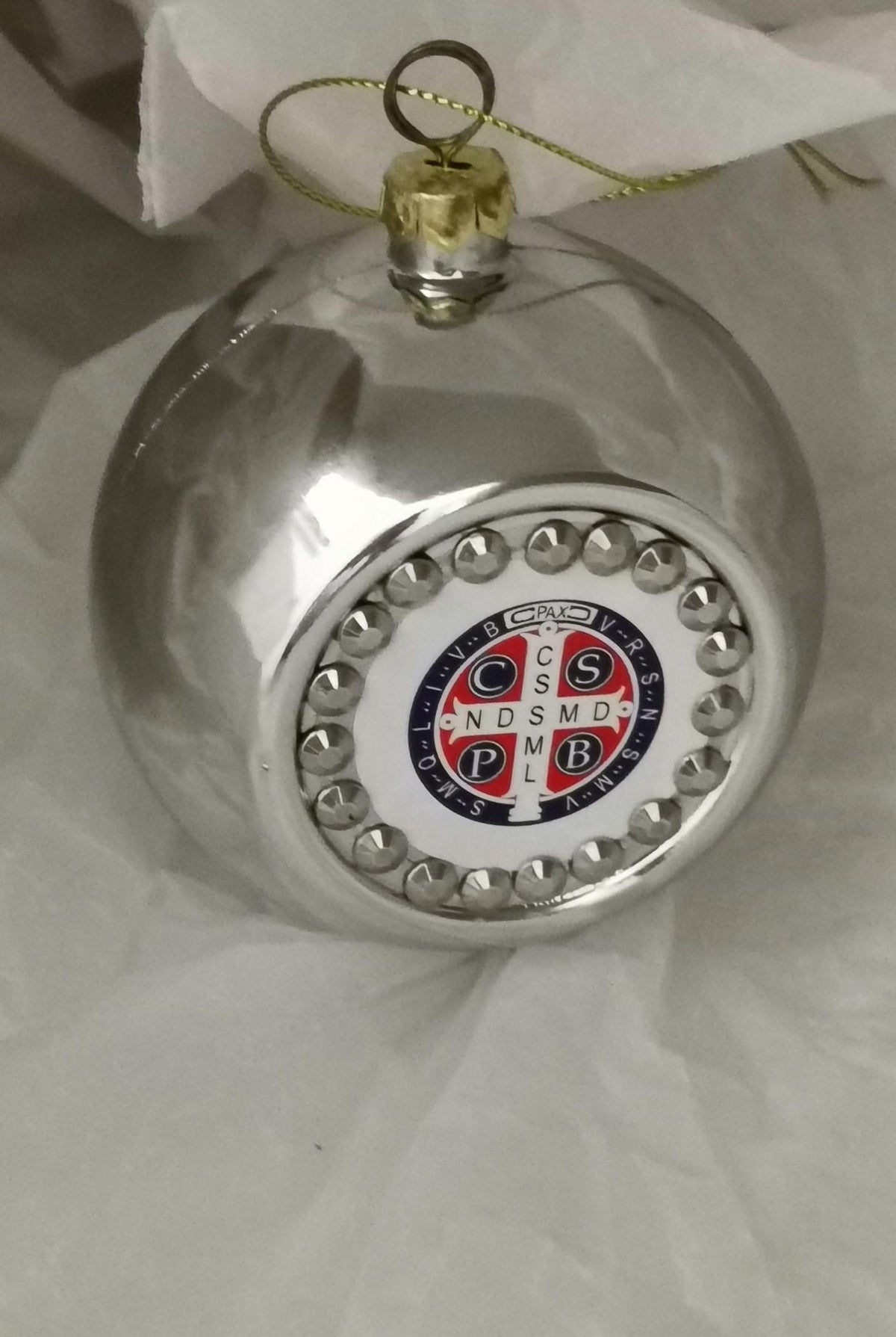 Pallina di Natale Argento con Medaglia di San Benedetto