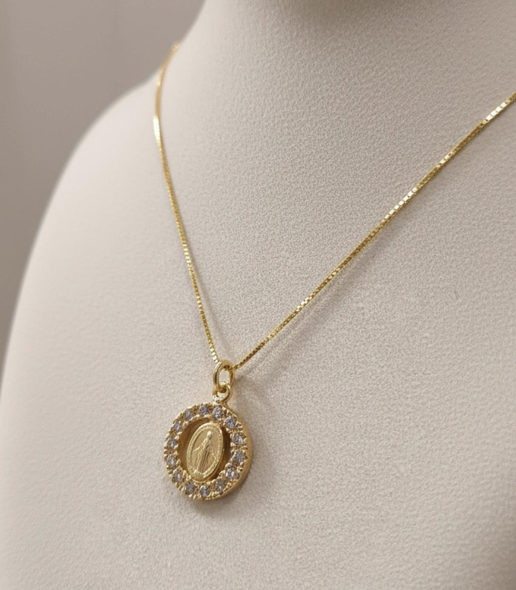 Collana Medaglia Miracolosa con zirconi e catenina in argento 925 placcata oro – 50 cm