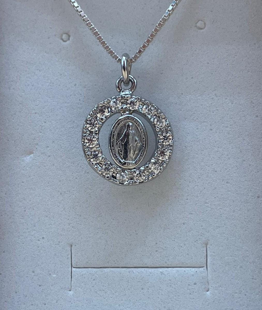 Collana Medaglia Miracolosa con zirconi e catenina in argento 925 – 50 cm