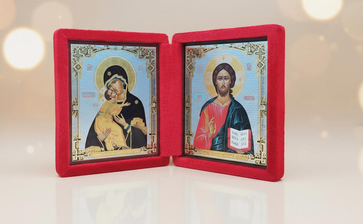 Dittico da viaggio Cristo Pantocratore e Madonna della Tenerezza in velluto rosso