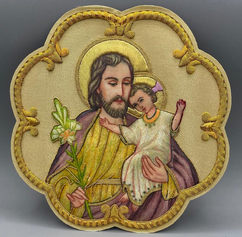 Icona San Giuseppe e Gesù Bambino con Giglio Ricamata in Filo Oro 21x21 cm