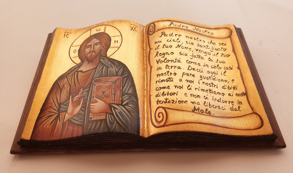 Icona a Forma di Libro Gesù Pantocratore con Padre Nostro 20x30 cm