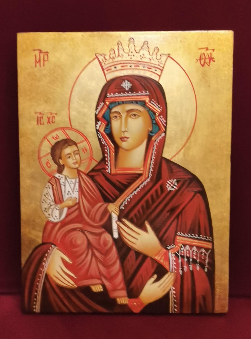 Madonna a Tre Mani con Gesù Bambino – Icona Sacra Dipinta a Mano