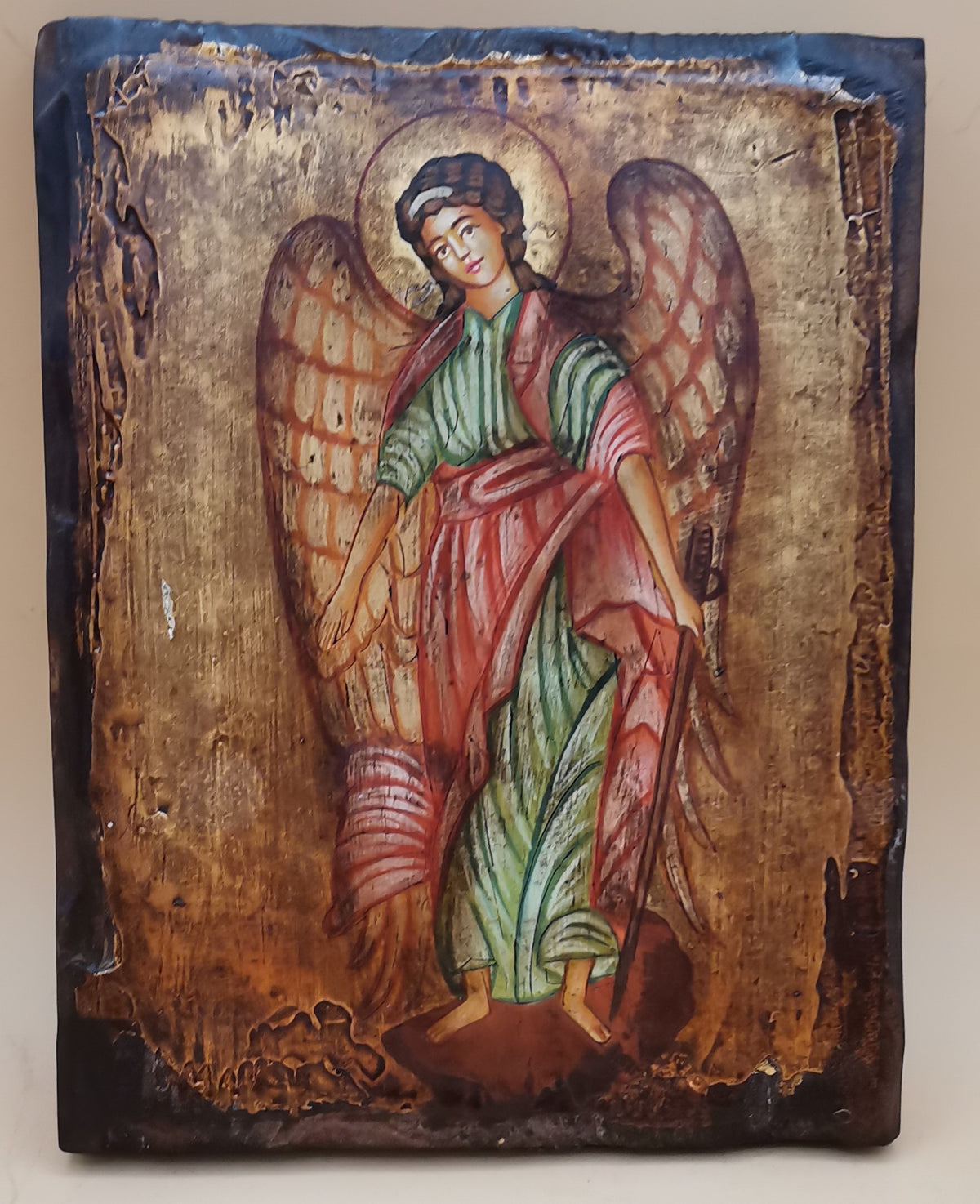 Icona sacra San Michele Arcangelo dipinta a mano su legno anticato – 14 x 18 cm