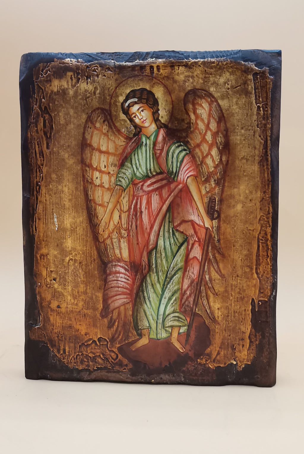 Icona sacra San Michele Arcangelo dipinta a mano su legno anticato – 14 x 18 cm