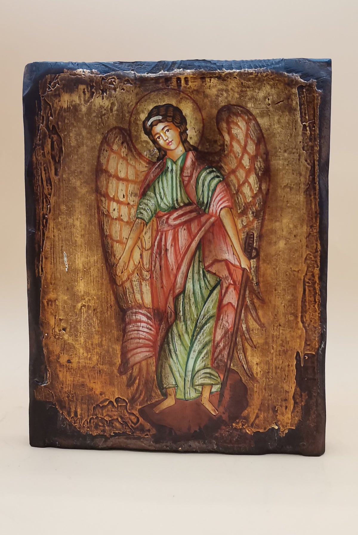 Icona sacra San Michele Arcangelo dipinta a mano su legno anticato – 14 x 18 cm