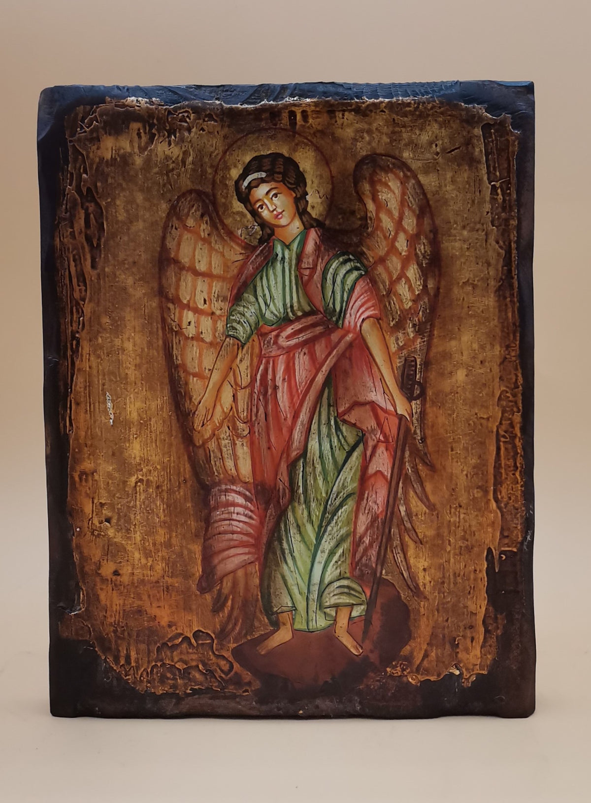 Icona sacra San Michele Arcangelo dipinta a mano su legno anticato – 14 x 18 cm