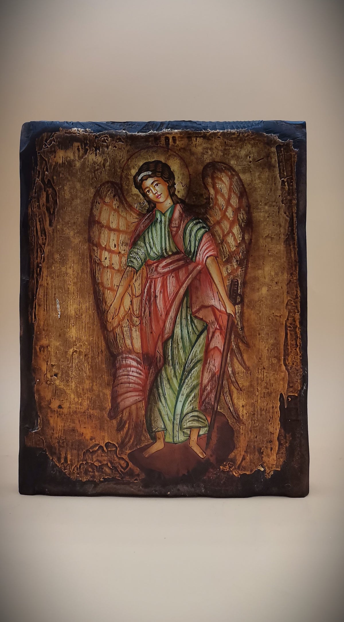 Icona sacra San Michele Arcangelo dipinta a mano su legno anticato – 14 x 18 cm