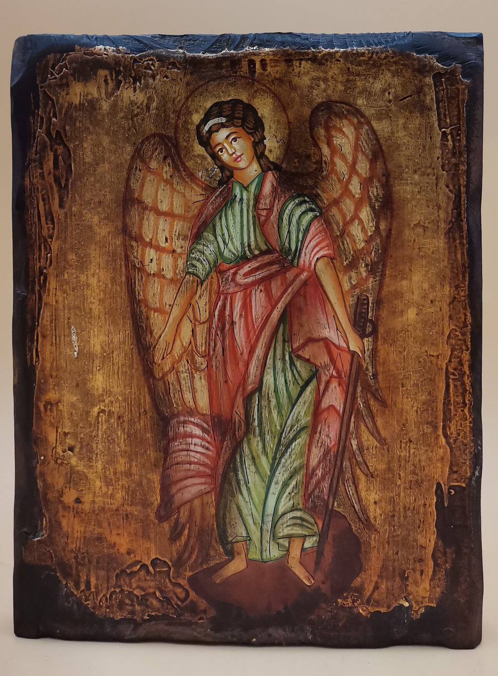 Icona sacra San Michele Arcangelo dipinta a mano su legno anticato – 14 x 18 cm