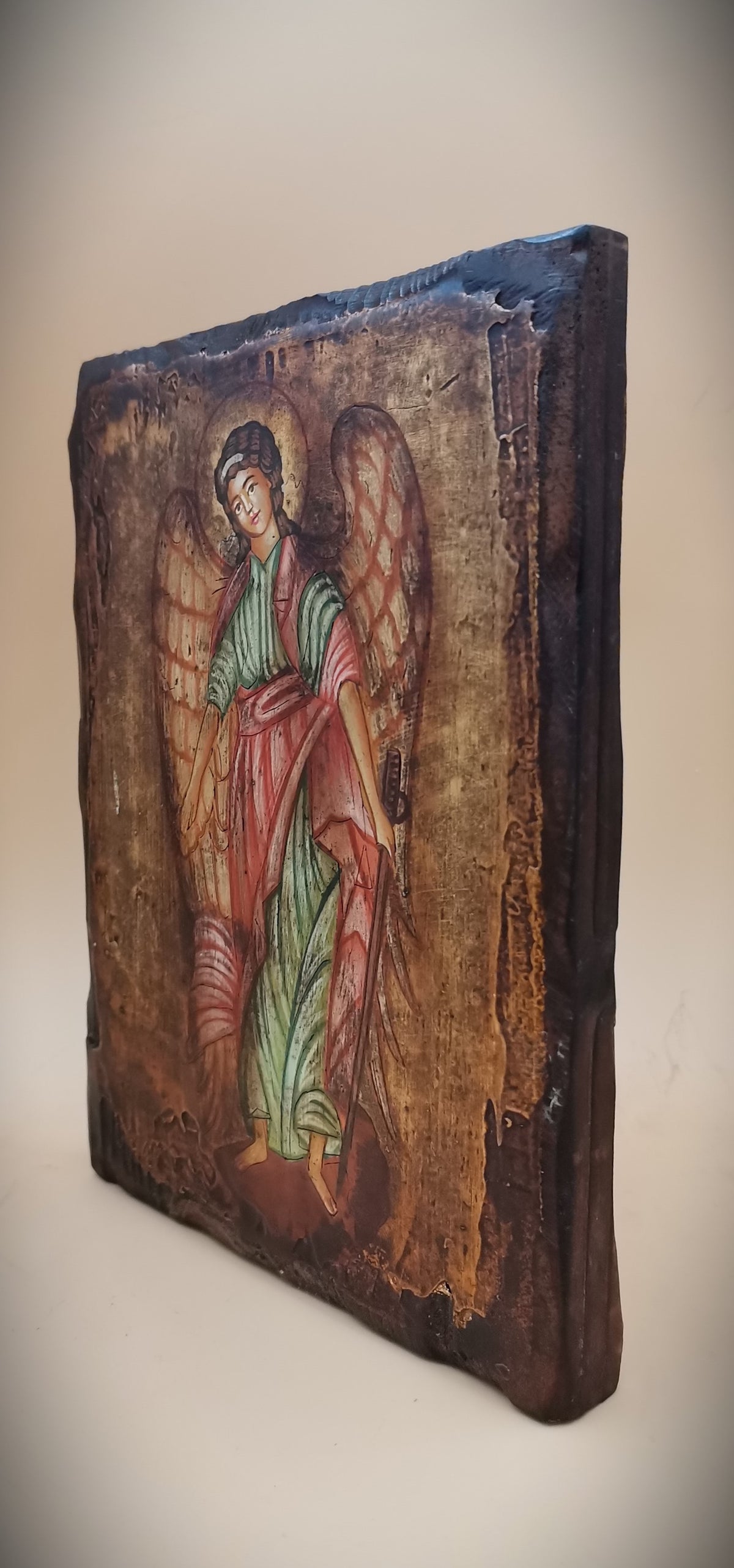 Icona sacra San Michele Arcangelo dipinta a mano su legno anticato – 14 x 18 cm