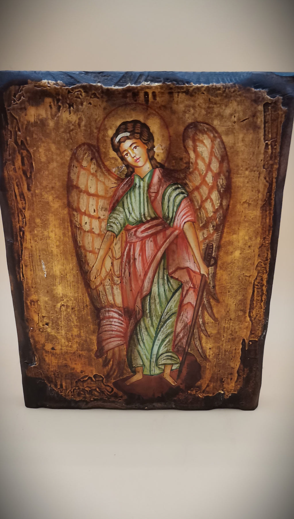 Icona sacra San Michele Arcangelo dipinta a mano su legno anticato – 14 x 18 cm