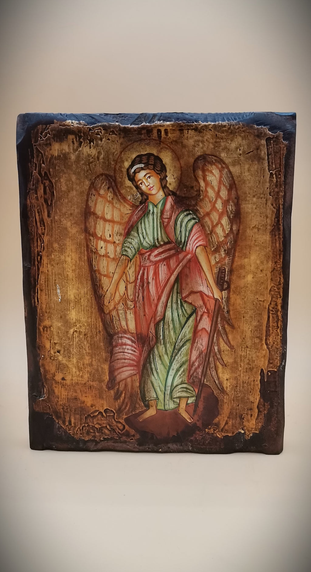 Icona sacra San Michele Arcangelo dipinta a mano su legno anticato – 14 x 18 cm