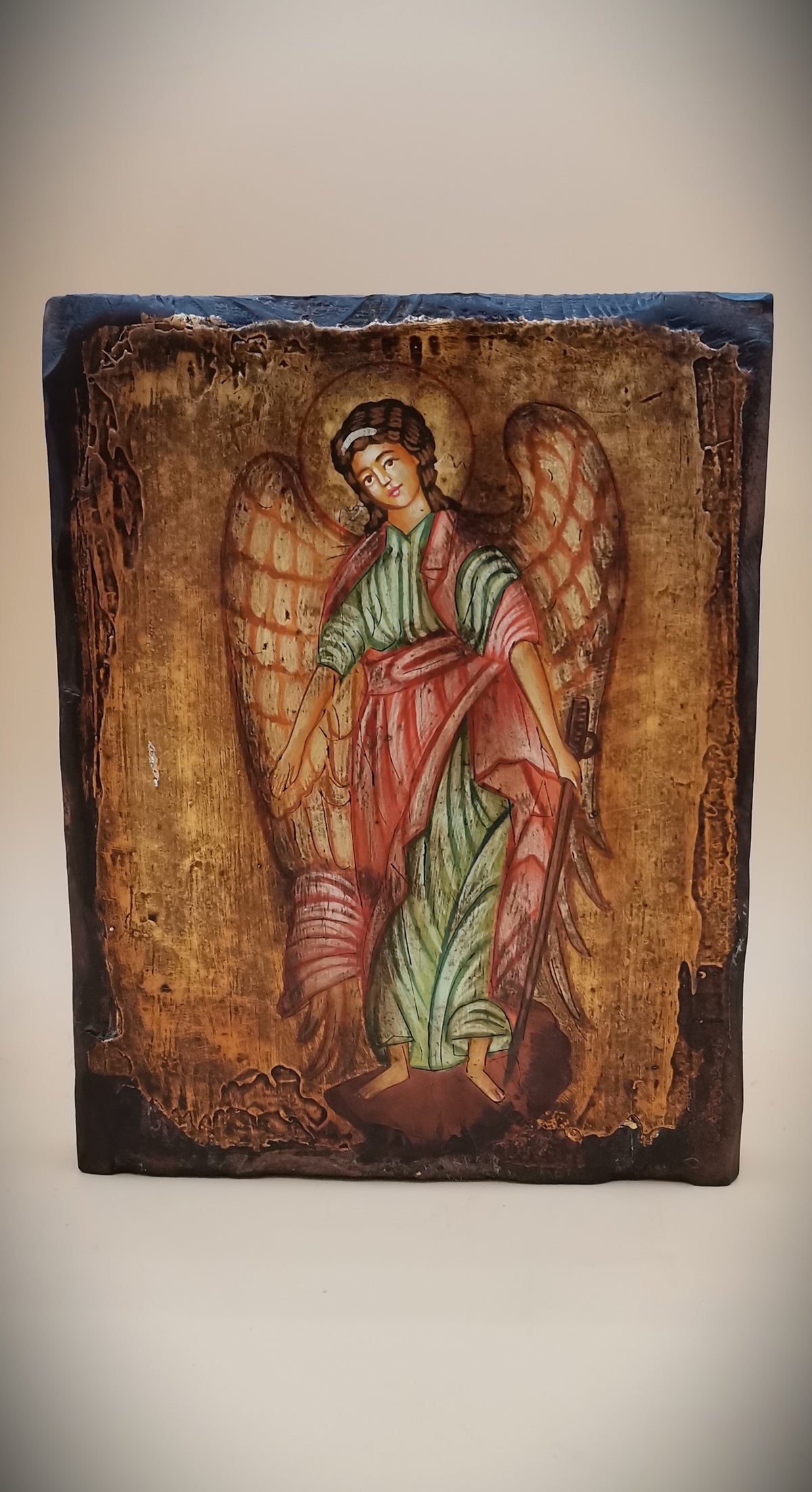 Icona sacra San Michele Arcangelo dipinta a mano su legno anticato – 14 x 18 cm