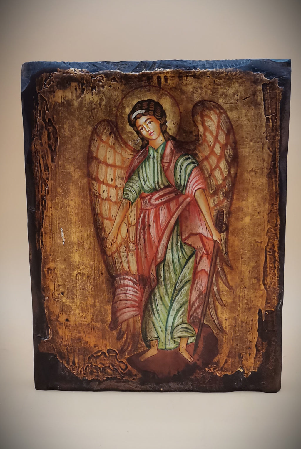 Icona sacra San Michele Arcangelo dipinta a mano su legno anticato – 14 x 18 cm