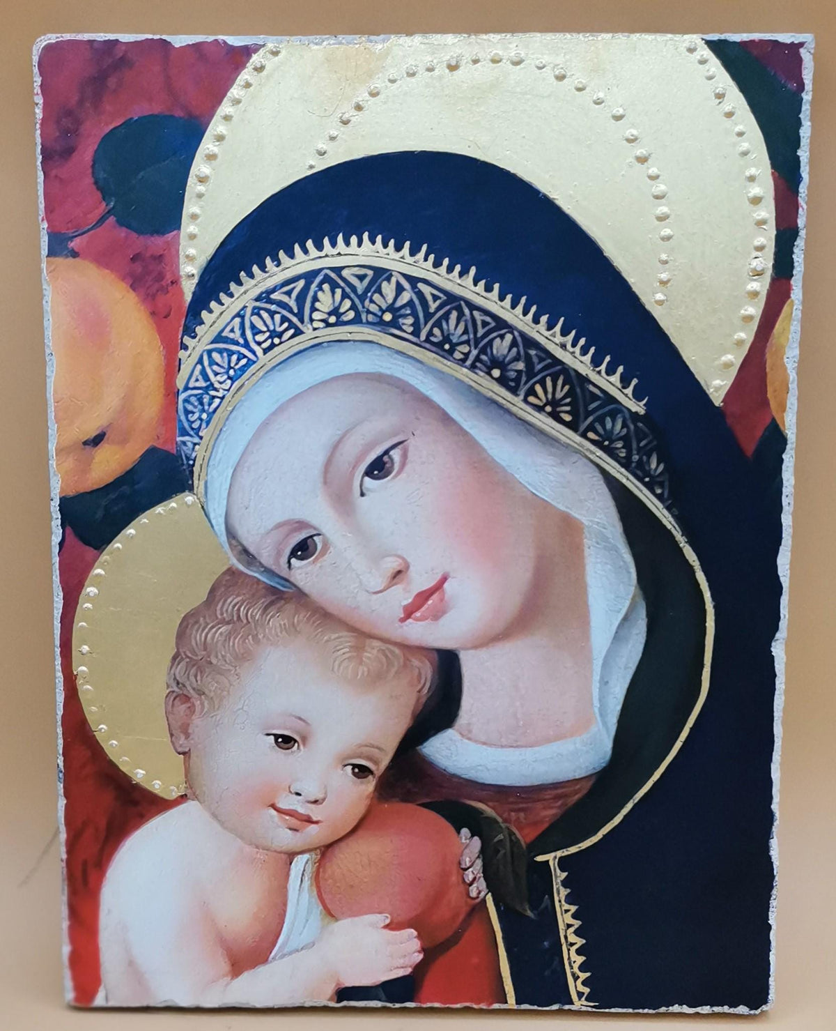 Madonna con Bambino – Affresco Bottega Tifernate 24x18 cm, Foglia Oro 18 kt