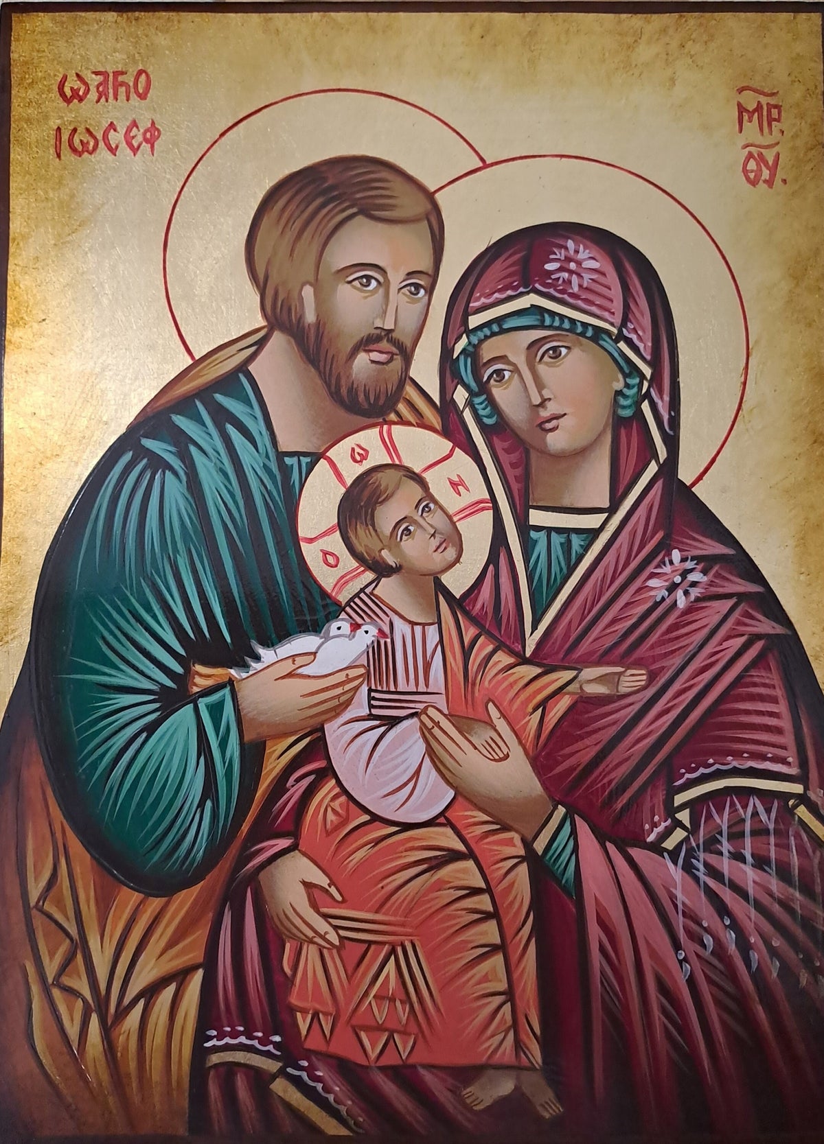 Icona Sacra Famiglia con Colombe 18x24 cm – Dipinta a Mano su Legno