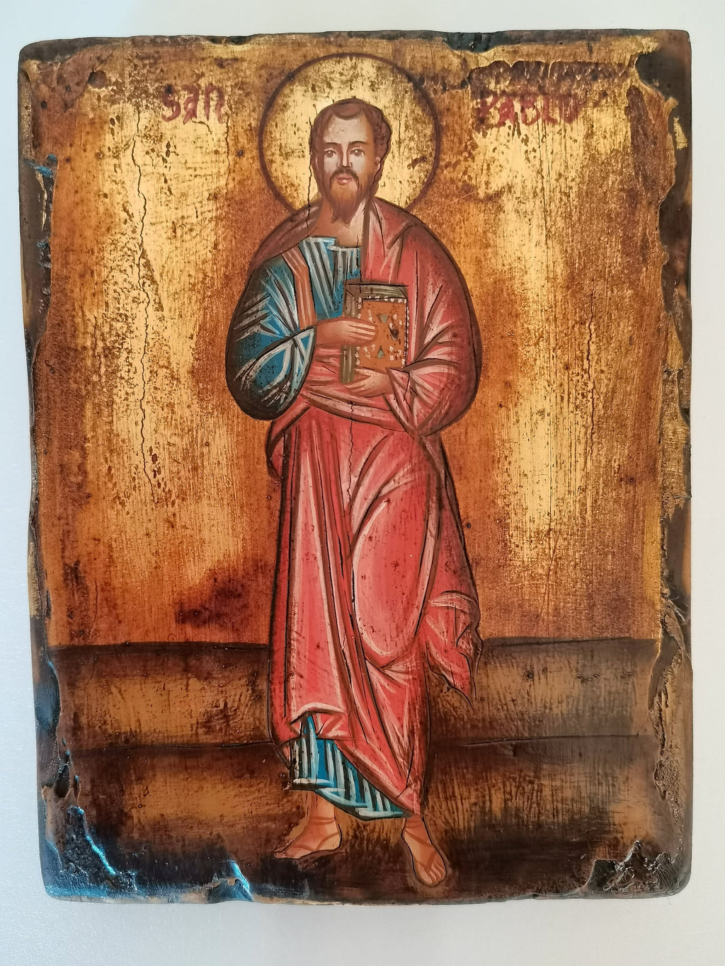 Icona Sacra San Paolo Anticata 14x18 cm – Dipinta a Mano su Tavola Antica