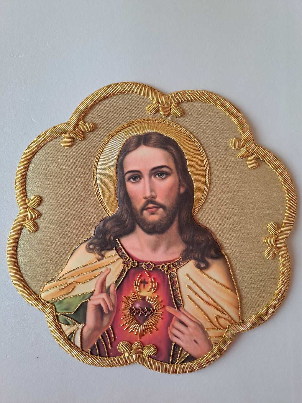 Icona Sacro Cuore di Gesù Ricamata a Mano in Filo Oro 21x21 cm