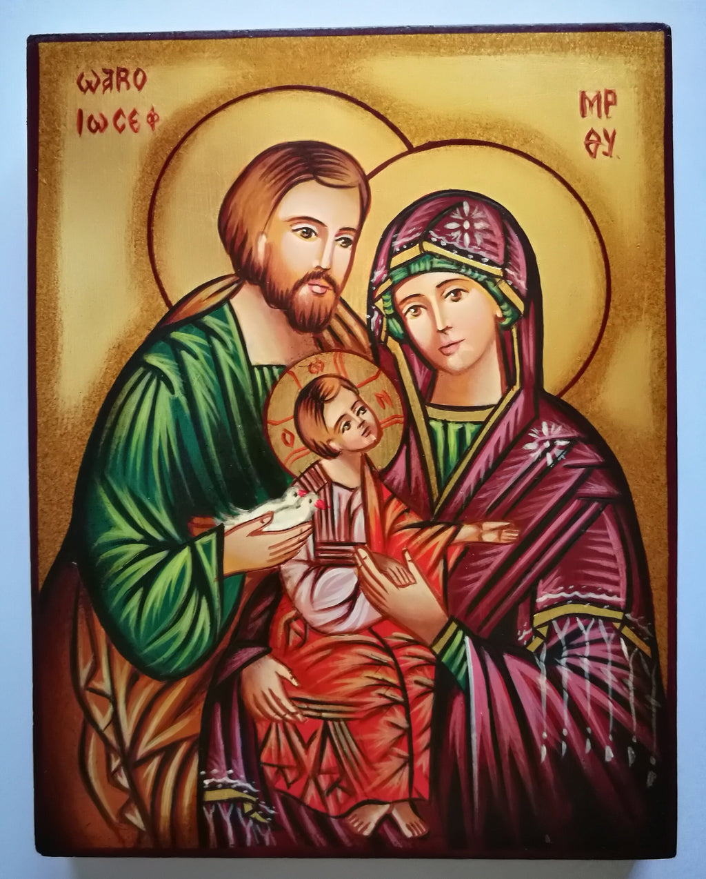 Icona Sacra Famiglia con Colombe 10x14 cm – Dipinta a Mano su Legno