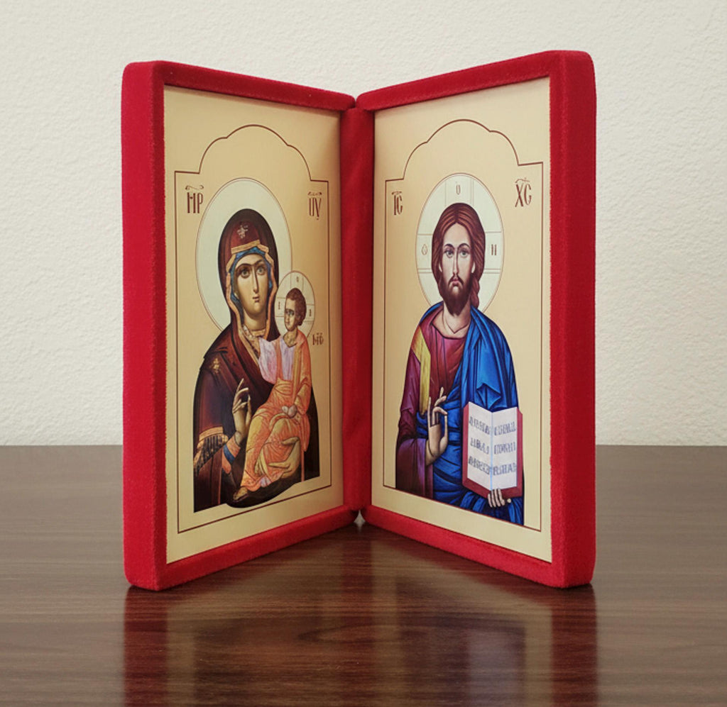 Dittico apribile Cristo Pantocratore e Madonna della Tenerezza in velluto rosso – 40 x 27 cm