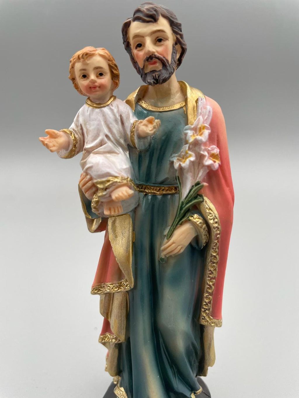 Statue Heiliger Josef mit Jesuskind aus bemaltem Kunstharz – 13 cm