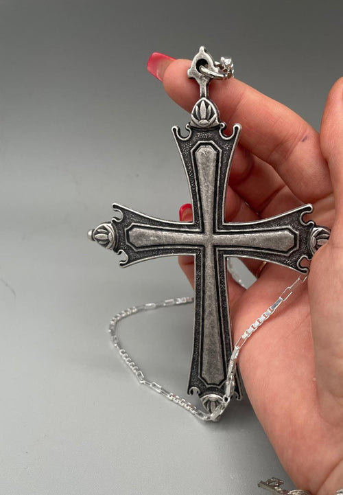 Pope Leo replica crucifix necklace, silver and burnished finishes